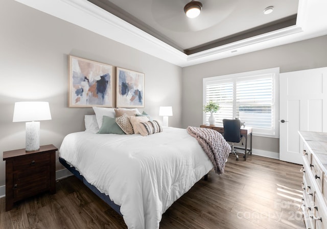 249 Landing Trl, Mount Gilead, NC 27306 - bedroom featuring baseboards, a raised ceiling, and dark wood-type flooring
