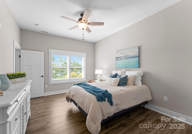 249 Landing Trl, Mount Gilead, NC 27306 - bedroom featuring dark wood-style flooring, baseboards, visible vents, and ceiling fan