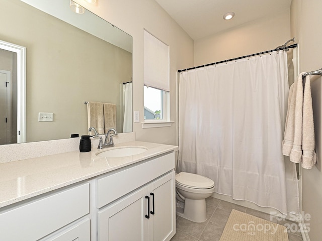 full bathroom featuring toilet, vanity, recessed lighting, shower / bath combo, and tile patterned flooring