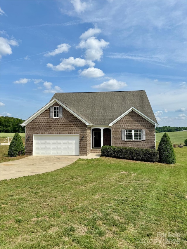 single story home featuring a garage, a front lawn, brick siding, a shingled roof, and driveway