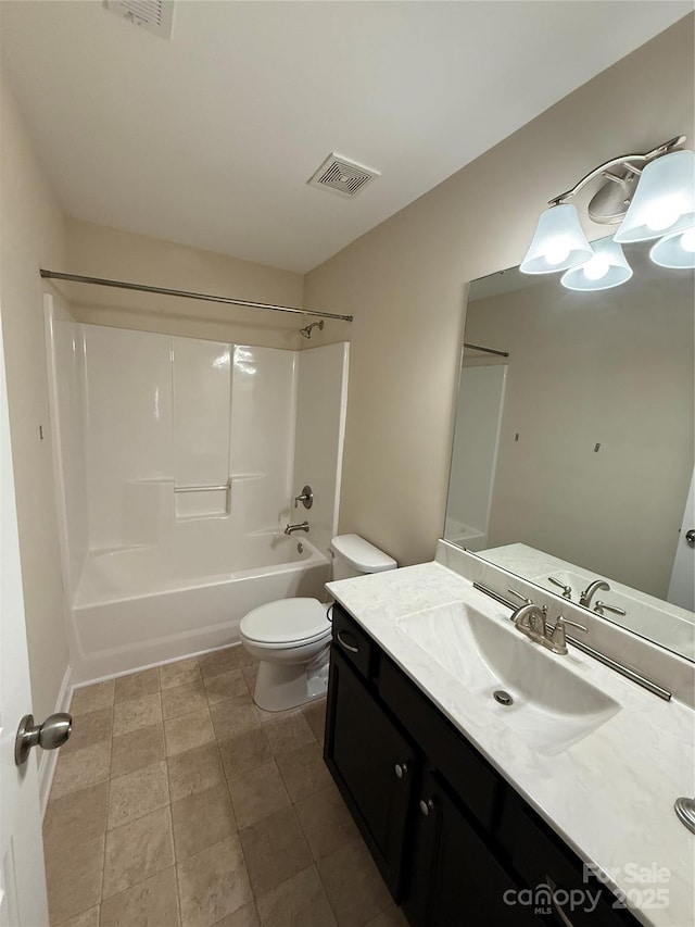 full bath featuring visible vents, bathtub / shower combination, toilet, and vanity