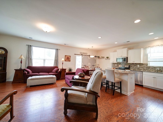 6266 Swanport Rd, Lancaster, SC 29720 - living area with dark wood-style flooring and recessed lighting