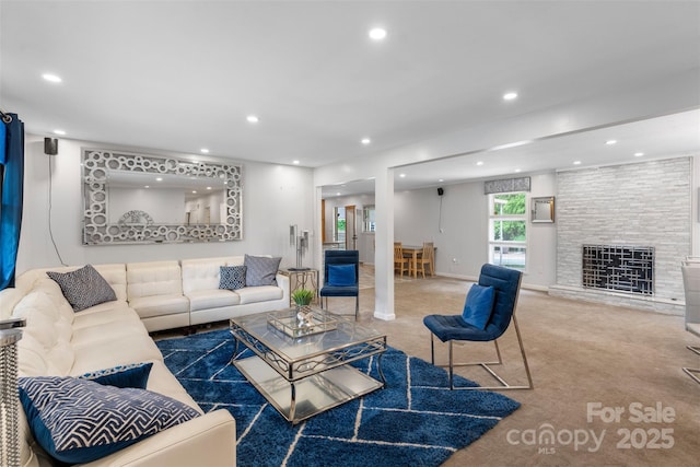 213 Lakeview Dr, Harrisburg, NC 28075 - living area featuring recessed lighting, carpet flooring, and a fireplace