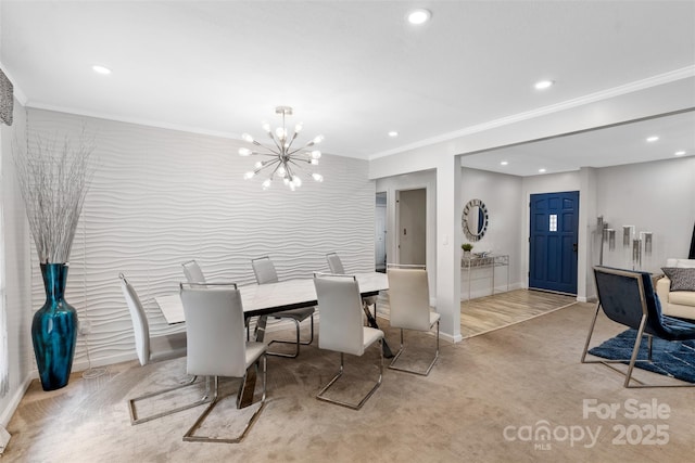 213 Lakeview Dr, Harrisburg, NC 28075 - dining area featuring ornamental molding, baseboards, a chandelier, and recessed lighting