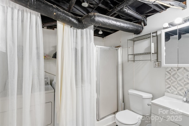 213 Lakeview Dr, Harrisburg, NC 28075 - bathroom with a shower stall, vanity, toilet, and backsplash