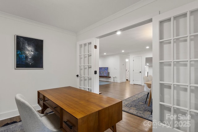 office featuring wood finished floors, french doors, recessed lighting, and baseboards