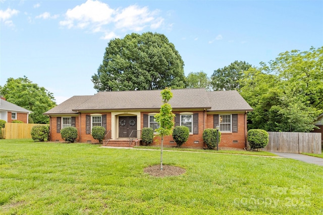 ranch-style home with crawl space, brick siding, and roof with shingles