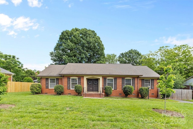 ranch-style home featuring crawl space, brick siding, and roof with shingles