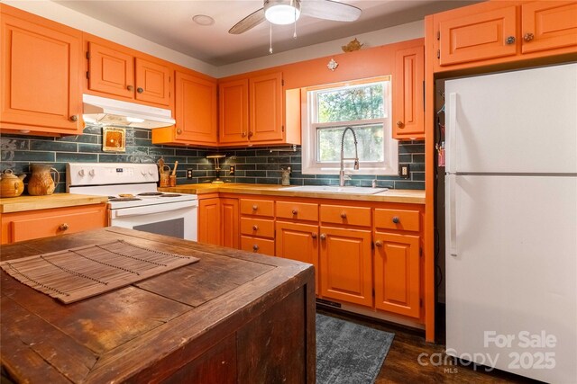 kitchen with a sink, white appliances, a ceiling fan, backsplash, and under cabinet range hood