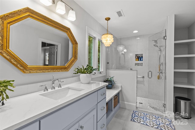 9513 Tresanton Dr, Charlotte, NC 28210 - full bath featuring vanity, a shower stall, recessed lighting, and a chandelier