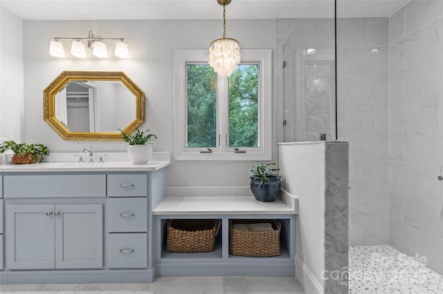 9513 Tresanton Dr, Charlotte, NC 28210 - bathroom featuring a walk in shower, vanity, and a chandelier