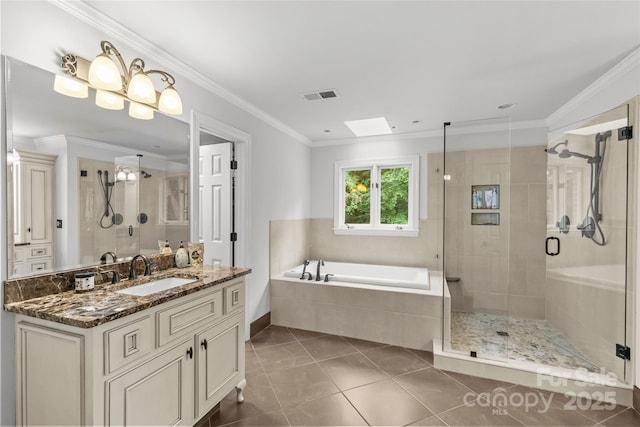 9513 Tresanton Dr, Charlotte, NC 28210 - bathroom featuring vanity, a shower stall, tile patterned floors, a bath, and crown molding