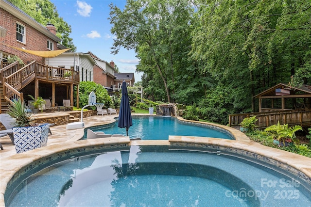 9513 Tresanton Dr, Charlotte, NC 28210 - view of swimming pool with a deck, a gazebo, a pool with connected hot tub, a patio, and stairway