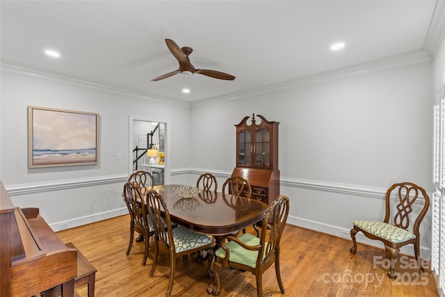 9513 Tresanton Dr, Charlotte, NC 28210 - dining room featuring a ceiling fan, crown molding, light wood finished floors, recessed lighting, and baseboards
