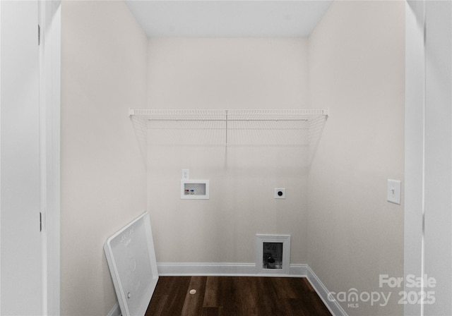 laundry room featuring laundry area, baseboards, dark wood-type flooring, washer hookup, and hookup for an electric dryer