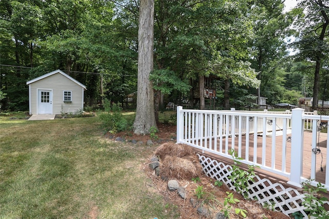 2011 Redwood Dr, Indian Trail, NC 28079 - view of green lawn with a deck, an outbuilding, and view of wooded area