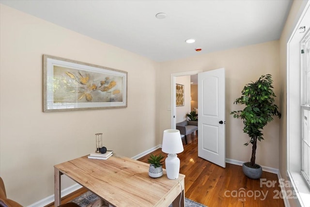 office area with recessed lighting, baseboards, and wood finished floors