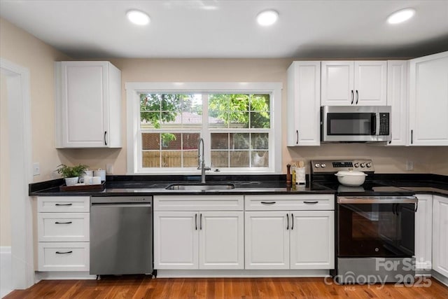 kitchen featuring wood finished floors, a sink, white cabinets, dark stone countertops, and stainless steel appliances