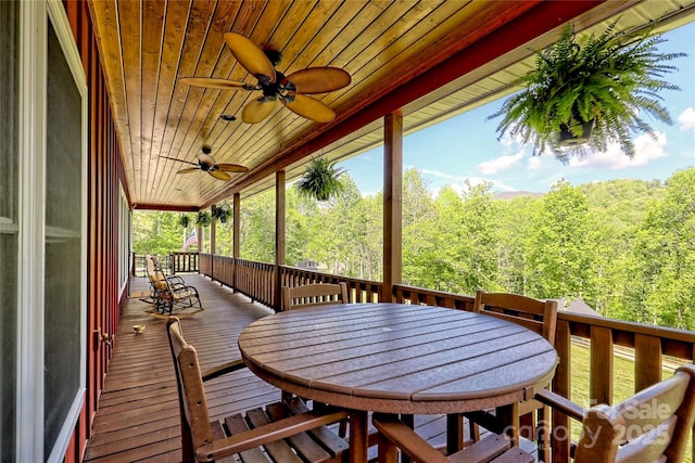 202 Wild Pear Ln Unit 3 & 7A, Franklin, NC 28734 - wooden terrace featuring ceiling fan, a forest view, and outdoor dining space