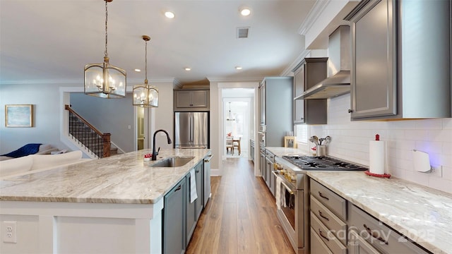 kitchen featuring wall chimney range hood, gray cabinets, visible vents, appliances with stainless steel finishes, and a sink