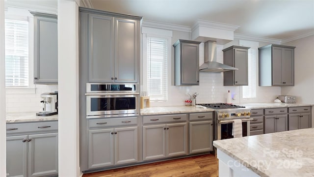 kitchen featuring gray cabinetry, wall chimney range hood, backsplash, and stainless steel appliances