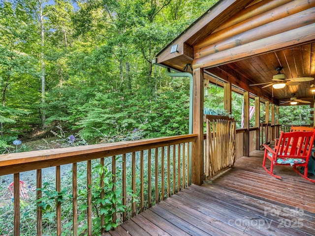480 River Crest Parkway, Rutherfordton, NC 28139 - wooden terrace featuring ceiling fan and a wooded view