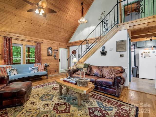 480 River Crest Parkway, Rutherfordton, NC 28139 - living room featuring ceiling fan, stairway, high vaulted ceiling, wooden ceiling, and wood-type flooring