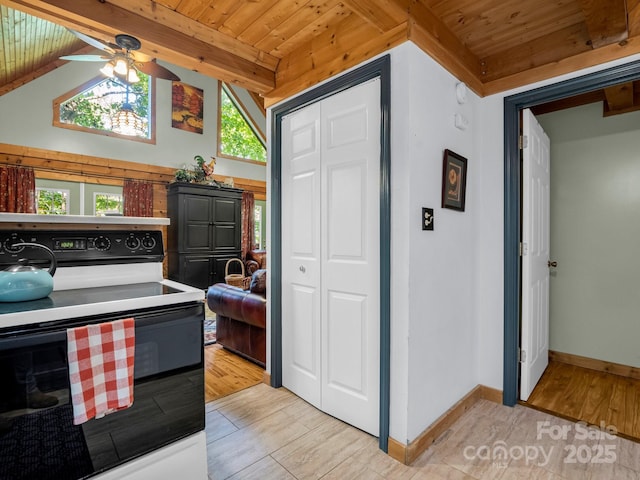 480 River Crest Parkway, Rutherfordton, NC 28139 - kitchen with range with electric stovetop, baseboards, ceiling fan, light wood-type flooring, and wood ceiling