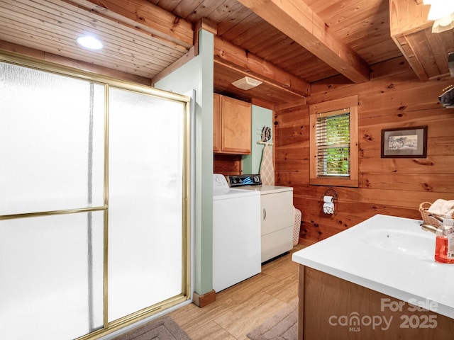 480 River Crest Parkway, Rutherfordton, NC 28139 - full bath with wood finished floors, wooden walls, wooden ceiling, washing machine and clothes dryer, and a stall shower