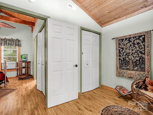 480 River Crest Parkway, Rutherfordton, NC 28139 - foyer entrance featuring visible vents, wood ceiling, cooling unit, light wood-style flooring, and vaulted ceiling