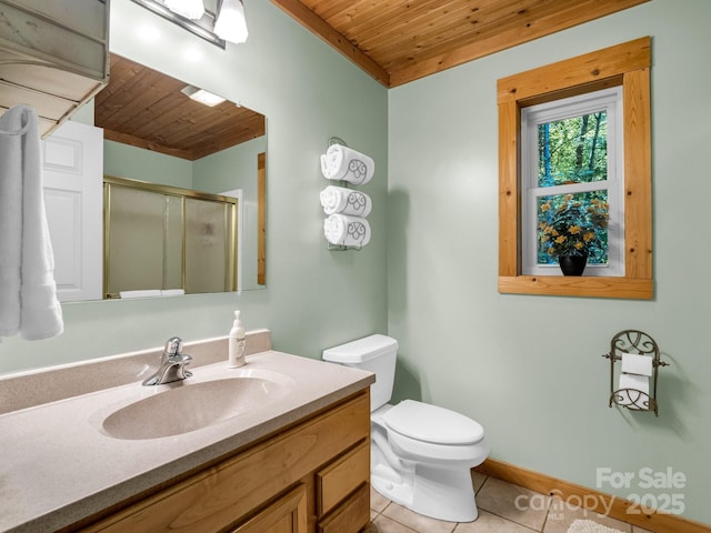 480 River Crest Parkway, Rutherfordton, NC 28139 - bathroom with vanity, tile patterned floors, wooden ceiling, and a stall shower