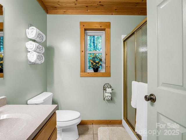 480 River Crest Parkway, Rutherfordton, NC 28139 - bathroom featuring vanity, wooden ceiling, tile patterned flooring, and a shower stall