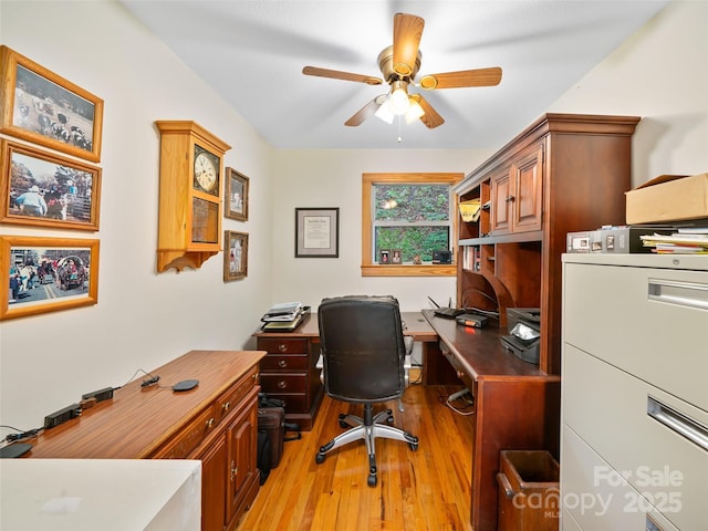 office area featuring a ceiling fan and light wood-style flooring