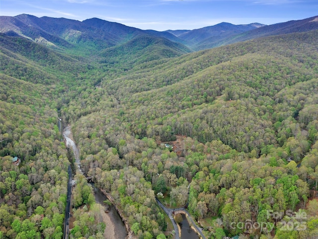 aerial view featuring a mountain view and a forest view