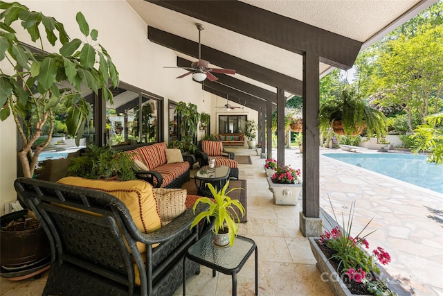 69 Forest Rd, Asheville, NC 28803 - view of patio / terrace with an outdoor living space, ceiling fan, and an outdoor pool