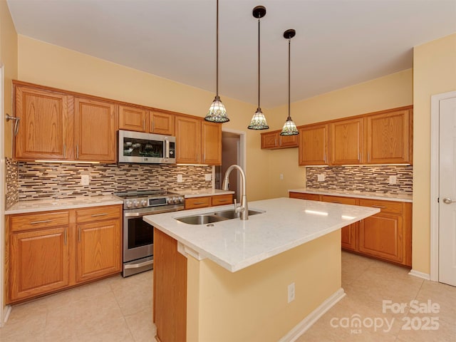 2825 Redfield Dr, Charlotte, NC 28270 - kitchen with stainless steel appliances, a sink, light tile patterned flooring, brown cabinetry, and decorative backsplash