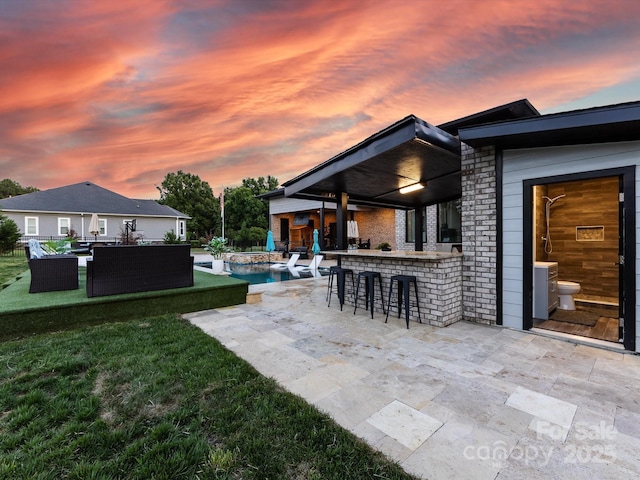 4315 Hartis Grove Church Rd, Indian Trail, NC 28079 - yard at dusk with a patio area, a yard, an outdoor pool, and an outdoor hangout area