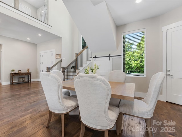 4315 Hartis Grove Church Rd, Indian Trail, NC 28079 - dining area with wood finished floors, recessed lighting, stairs, and a barn door