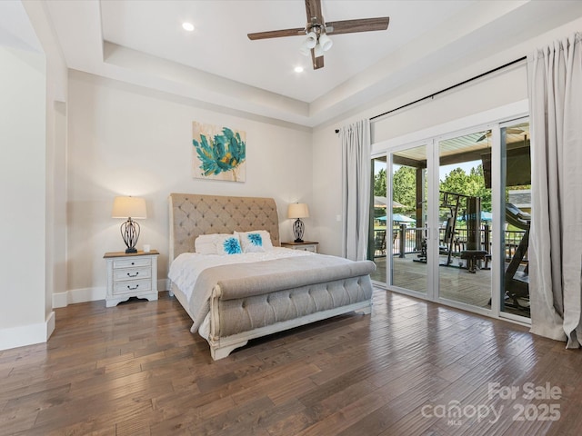 4315 Hartis Grove Church Rd, Indian Trail, NC 28079 - bedroom with access to outside, wood finished floors, recessed lighting, a tray ceiling, and ceiling fan