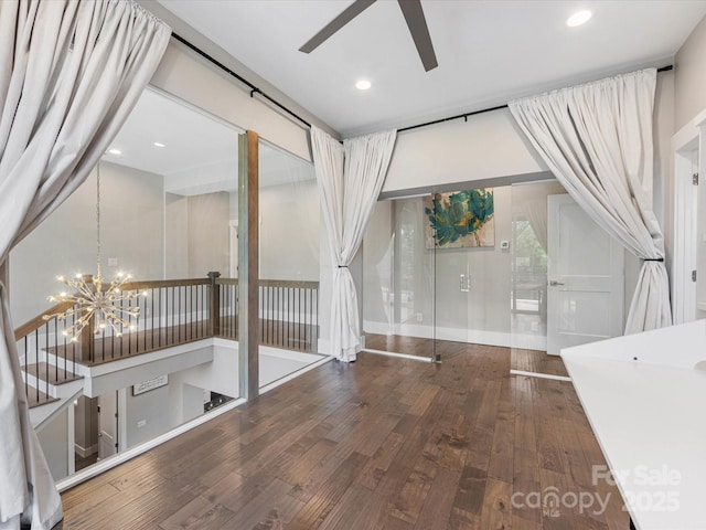 4315 Hartis Grove Church Rd, Indian Trail, NC 28079 - unfurnished room featuring a ceiling fan, wood-type flooring, a chandelier, and recessed lighting
