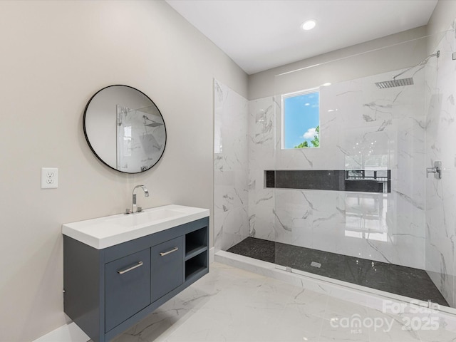 4315 Hartis Grove Church Rd, Indian Trail, NC 28079 - bathroom with vanity, a marble finish shower, marble finish floors, and recessed lighting