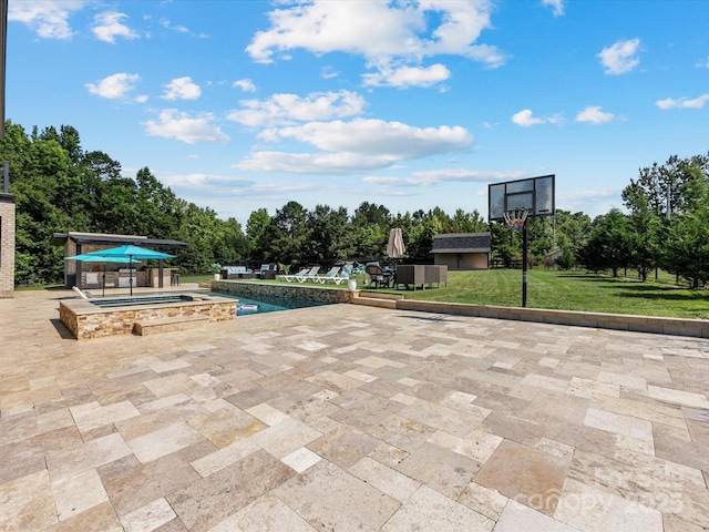 4315 Hartis Grove Church Rd, Indian Trail, NC 28079 - view of pool with a pool, a patio, an in-ground hot tub, a lawn, and view of scattered trees