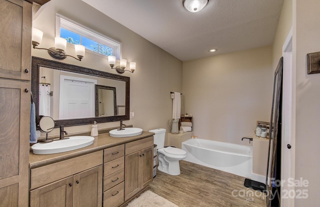 bathroom featuring toilet, a bath, a sink, and wood finished floors