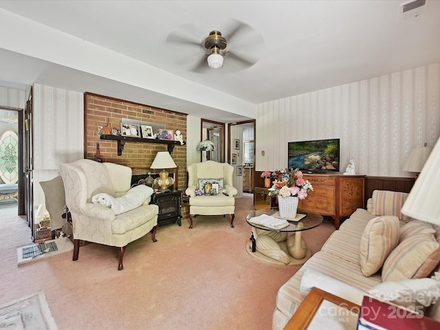 living room with ceiling fan, wallpapered walls, and carpet floors