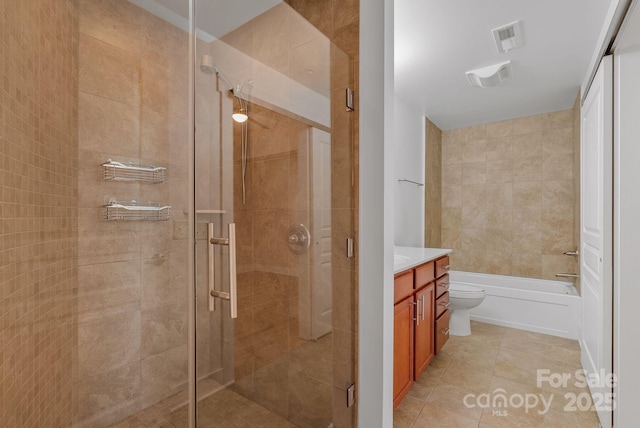 full bath featuring a stall shower, toilet, visible vents, tile patterned floors, and vanity