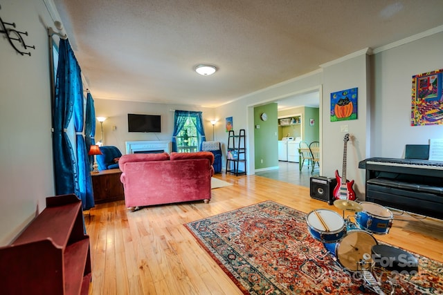 76 Overlook Pointe Dr, Spruce Pine, NC 28777 - living room featuring separate washer and dryer, hardwood / wood-style floors, ornamental molding, a fireplace, and a textured ceiling