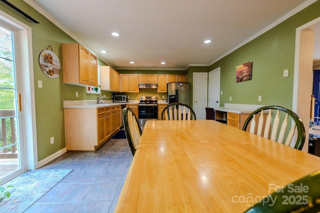 76 Overlook Pointe Dr, Spruce Pine, NC 28777 - dining area with ornamental molding, recessed lighting, healthy amount of natural light, light tile patterned floors, and baseboards