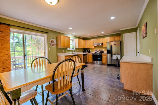 76 Overlook Pointe Dr, Spruce Pine, NC 28777 - dining area featuring ornamental molding, recessed lighting, and dark tile patterned floors