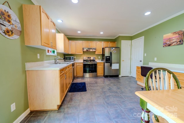 76 Overlook Pointe Dr, Spruce Pine, NC 28777 - kitchen featuring stainless steel appliances, under cabinet range hood, a sink, light brown cabinetry, and recessed lighting