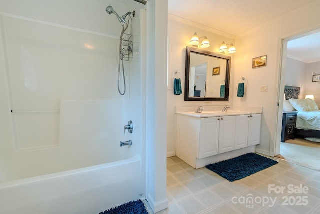 76 Overlook Pointe Dr, Spruce Pine, NC 28777 - ensuite bathroom featuring crown molding, tile patterned floors, bathing tub / shower combination, vanity, and baseboards